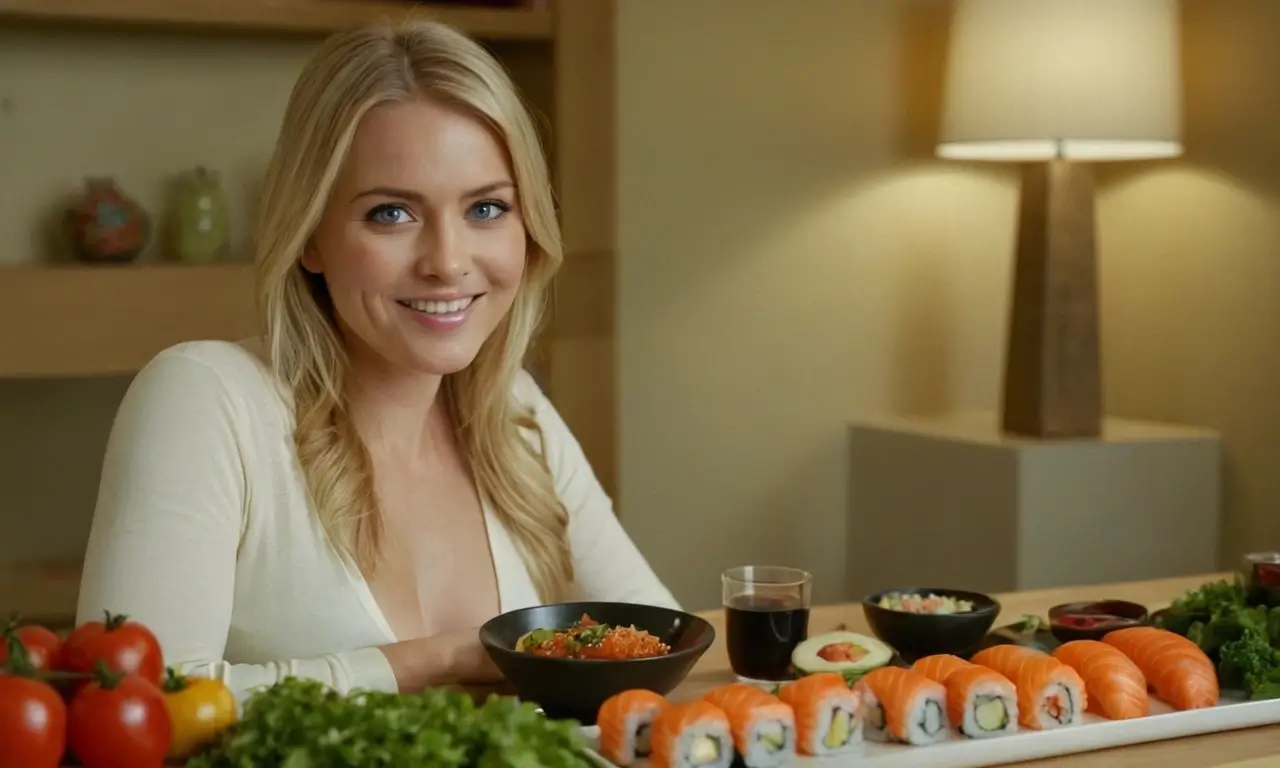 Kobieta siedząca przy stole z sushi