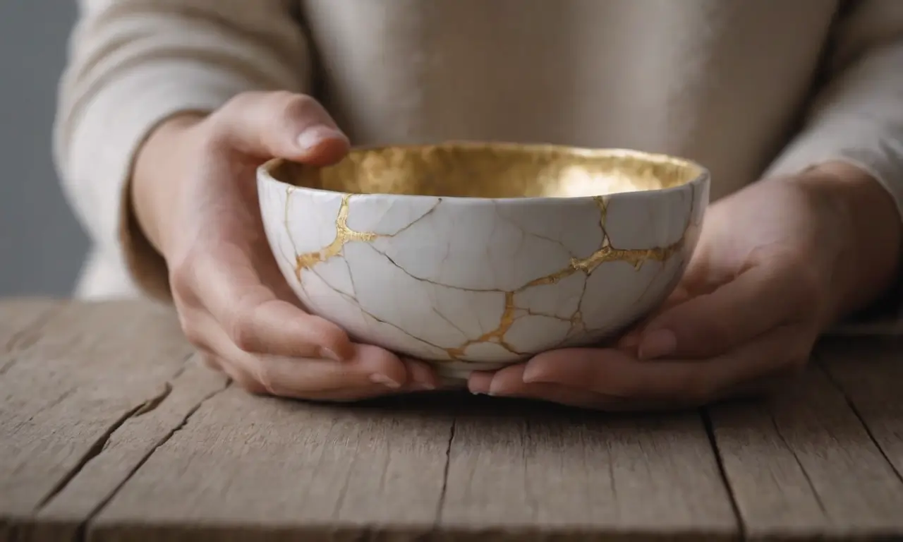 Kobieta trzymająca posklejaną ceramiczną miseczkę