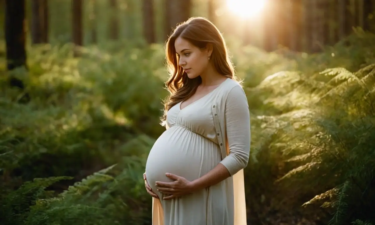 Artystyczna wizja ciężarnej kobiety stojącej w lesie